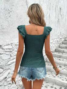 Camiseta con bordado con ojal de manga mariposa de cuello cuadrado - Verde Oscuro - Ver 2