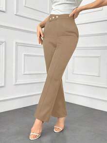 Pantalones elegantes de mujer con pierna recta, cintura suelta y detalles de botones para otoño/invierno - Marrón - Ver 6