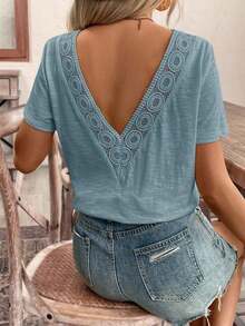 Frenchy Top amarillo con encaje y espalda descubierta, camiseta, imprescindible, conjunto de verano, imprescindible de la temporada de bodas, estilo francés - Niebla azul - Ver 4