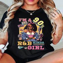 Camiseta informal de algodón para mujer, cuello redondo, manga corta, con estampado "Soy una chica de R&B de los 90". - Negro - Ver 1