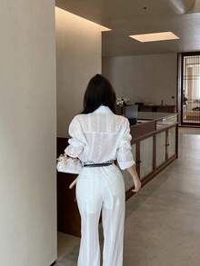 Áo blouse tay dài cài nút trước phối ren tương phản phong cách Old Money thanh lịch cho phụ nữ trưởng thành, màu trắng - trắng - Xem 5