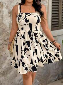 Vestido de talla grande con estampado, lazo en la cintura y decoración para mujeres de vacaciones - Caqui - Ver 3