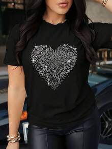 100% Algodón Premium 180g : Camiseta Y2K con diseño de corazón brillante llena de estrellas perfecta para lucir con estilo en cualquier ocasión, ideal para los amantes de la moda y las  del momento, destaca tu personalidad única con esta pieza exclusiva.. Ropa de Moda Casual Suave y Transpirable para Diario - Negro - Ver 1