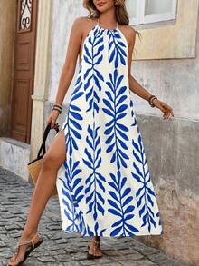 Vestido con estampado, corte con abertura alta, espalda descubierta, atar al cuello y flecos para mujer, vacaciones - Multicolor 7 - Ver 4