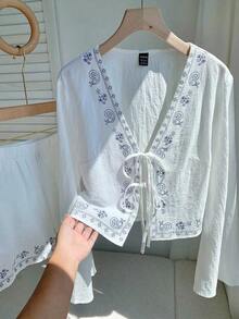 Conjunto de blusa con amarre al frente y shorts con estampado de anacardo para mujer, en estilo bohemio - Blanco 3 - Ver 5