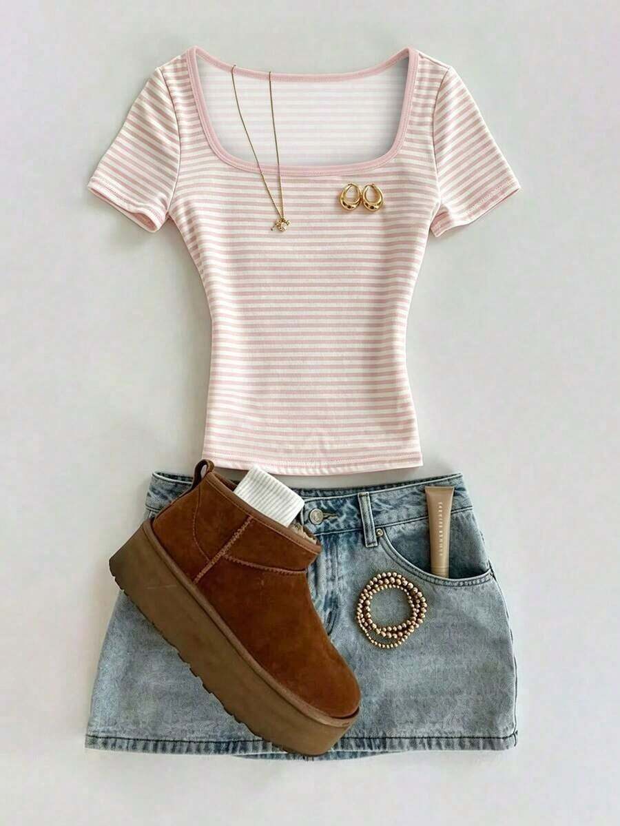 Camiseta de manga corta ajustada de cuello cuadrado clásica en negro, con bordado de lentejuelas y aplicaciones, resistente, adecuada para primavera y verano, una camiseta de moda hermosa, un regalo ideal para hermanos, hermanas, mamá o el Día de - Multicolor 6 - Ver 1