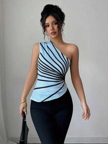 Blusa de punto con estampado de hombro oblicuo elegante para vacaciones de verano para mujer - Celeste - Ver 4