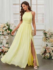 Belle Vestido de dama de honor con cuello de halter de unicolor, cintura imperio y abertura frontal alta.Elegante vestido color púrpura claro para boda. - Amarillo - Ver 2
