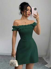 Vestido romántico con hombros descubiertos y volantes en la cintura para mujeres - Verde Oscuro 2 - Ver 6