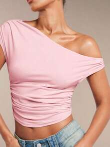 Blusa de verano con hombros asimétricos fruncidos en unicolor para mujer - Rosa coral - Ver 5