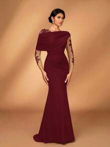Elegante y romántico vestido de lujo de punto elástico verde oliva con contraste de malla, volante asimétrico en el hombro, ajustado y con bajo de cola de pez, adecuado para fiesta de noche, cita, baile de graduación, boda, luna de miel - Burdeos - Ver 6