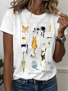 Women's Short Sleeve T-Shirt With Illustrations | Various Cats In Funny Poses, Cool Hand-Painted Style, Attractive Item For Everyday Wear, Casual Crew Neck, Slightly Stretchy Fabric, Regular Length - 白色 - 查看 1