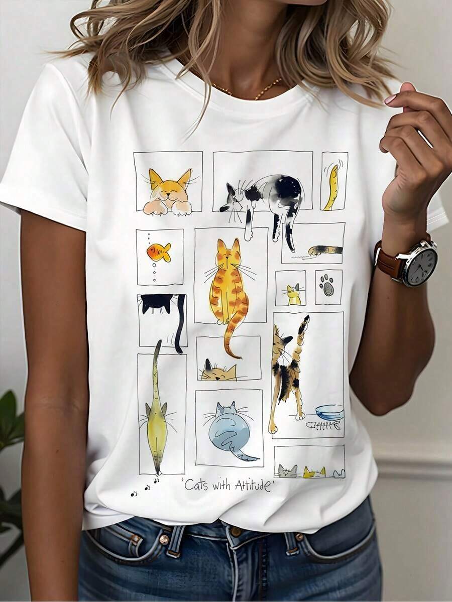 Women's Short Sleeve T-Shirt With Illustrations | Various Cats In Funny Poses, Cool Hand-Painted Style, Attractive Item For Everyday Wear, Casual Crew Neck, Slightly Stretchy Fabric, Regular Length - 白色 - 查看 1