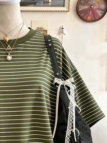 Camiseta de mujer de ajuste holgado, de longitud media, cuello redondo y hombros caídos, con estampado digital a rayas, regalo para amigos - Multicolor 9 - Ver 3