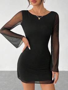Vestido de malla con mangas de trompeta y espalda descubierta, nuevo y sexy para principios de otoño - Negro - Ver 7