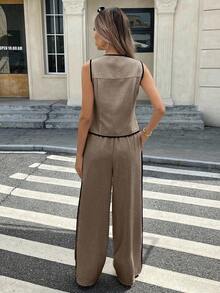 Conjunto de 2 piezas de top tipo camiseta y pantalones de verano casuales con ribete en contraste para mujer - Caqui - Ver 2