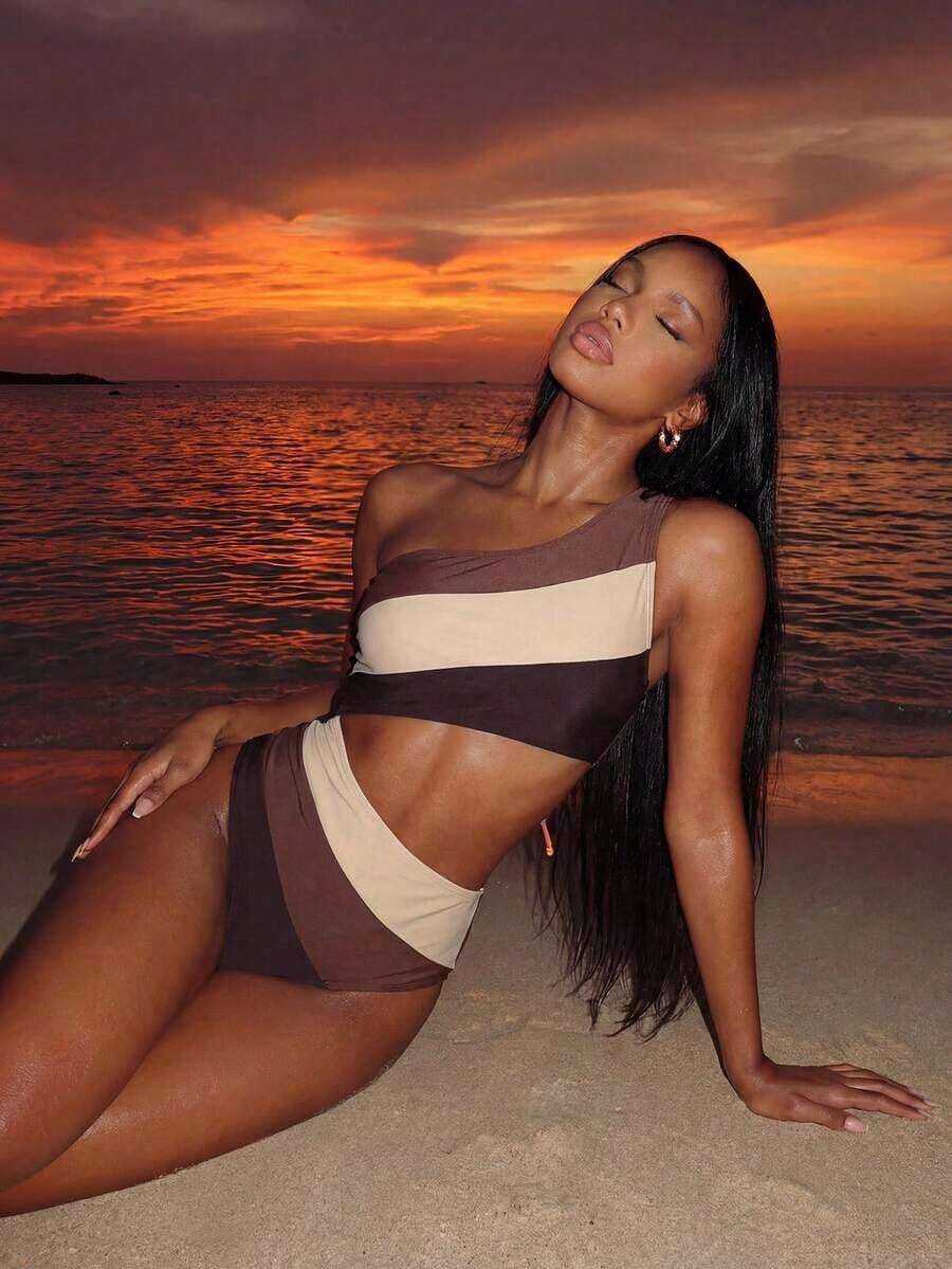 Traje de baño de una pieza con bloque de color y un solo hombro para mujer, ideal para nadar, vacaciones y playa en verano - Multicolor 5 - Ver 1