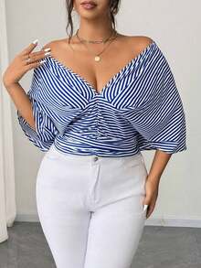 Vestido tipo camisa sin mangas a rayas azul de talla grande, cintura entallada, versátil y elegante - Azul 2 - Ver 3