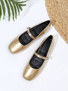 Sepatu Mary Jane Minimalis Ujung Persegi, Sepatu Wanita Serbaguna - Emas - View 2