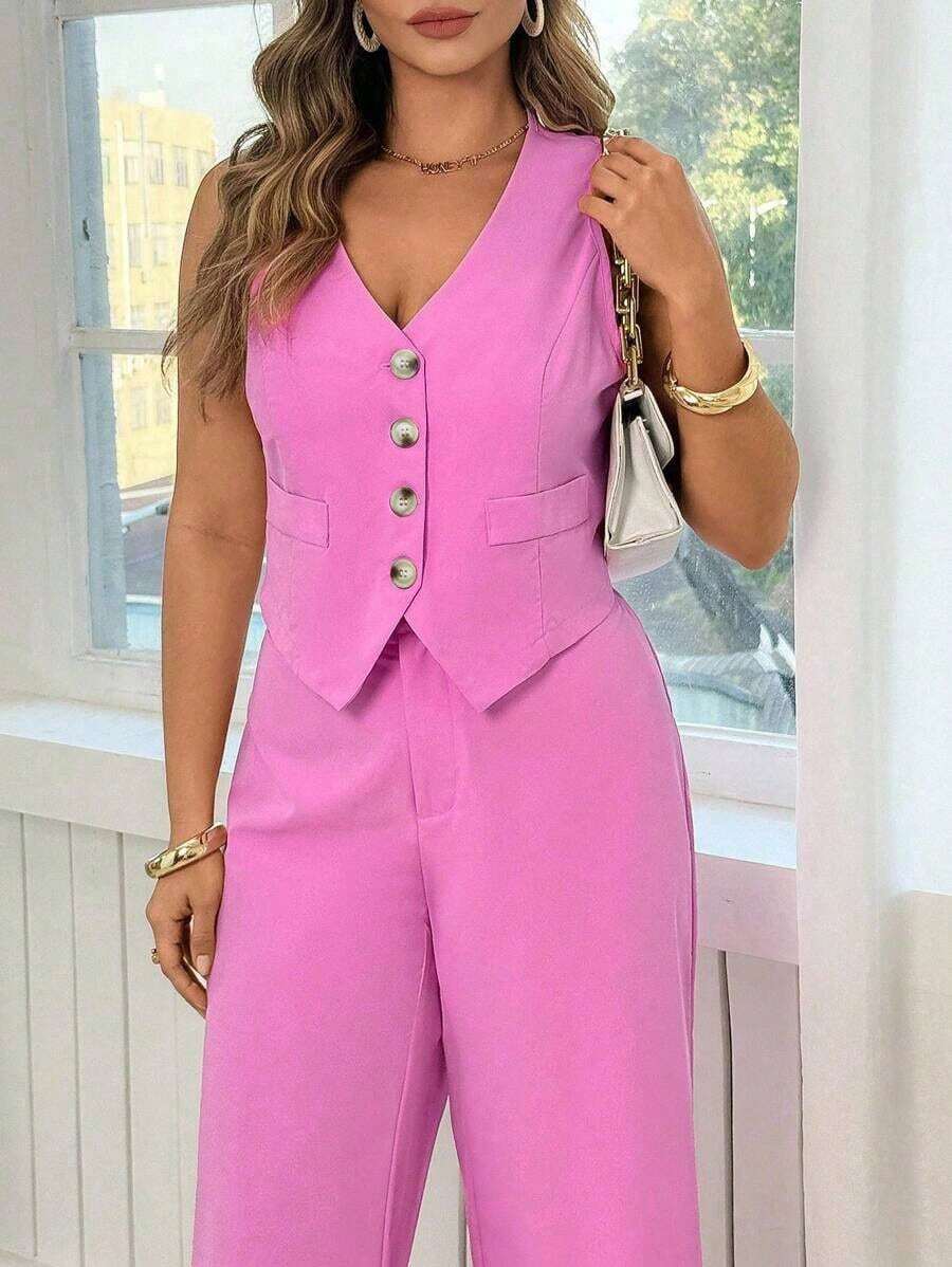 Conjunto de top de chaleco y pantalones de mujer talla grande elegante y romántico en color rosa con cuello en V, conjunto de ropa de cumpleaños para primavera/verano para mujer, conjunto de monos elegantes, traje formal de negocios elegante para - Rosa - Ver 1