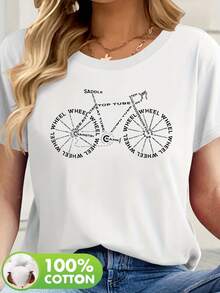 Camiseta de manga corta 100% pura para mujer con diseño de bicicleta, un outfit básico de verano para uso casual, lavable a máquina, modelo 80573 - Blanco - Ver 1