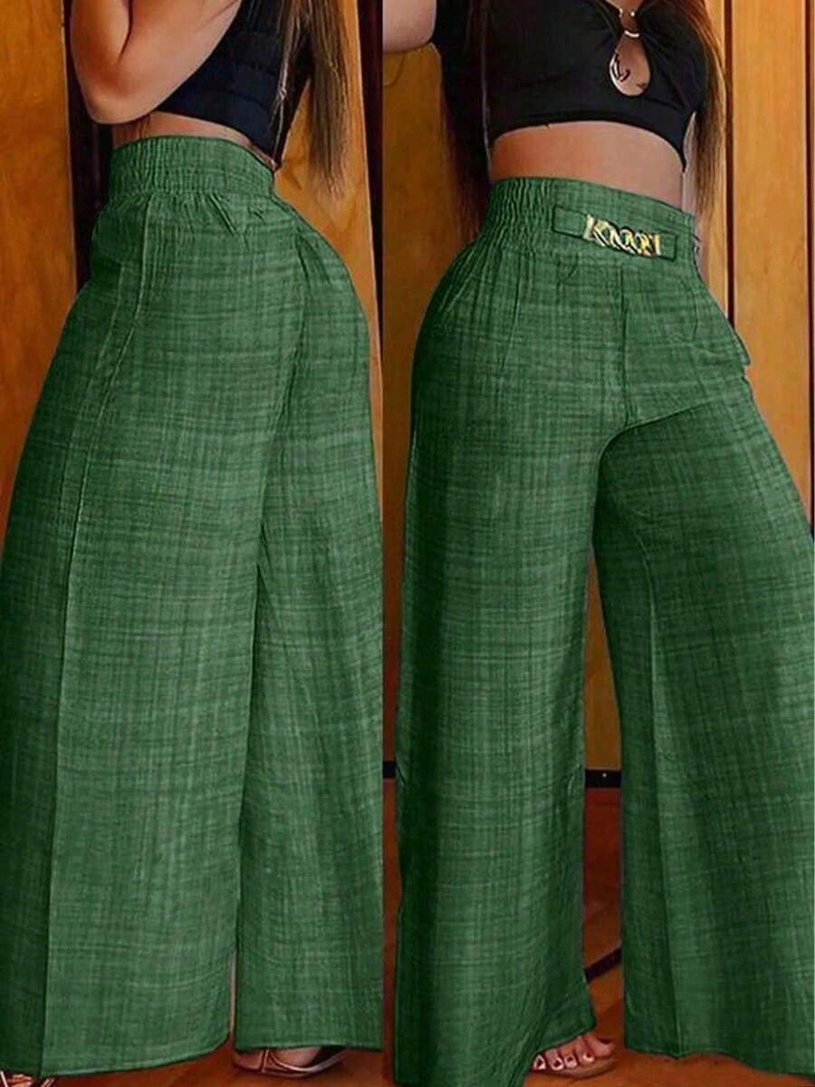 Women's Casual Wide-Leg Linen Pants With Metal Chain Detail, Autumn Style - màu xanh lá - Xem 1