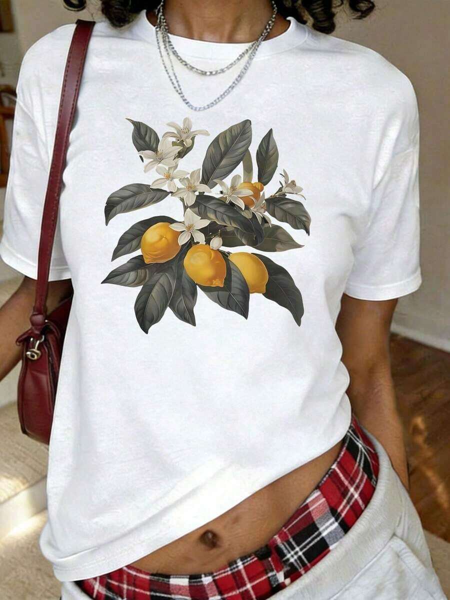 Camiseta Casual Vintage con Estampado Floral de Limones y Flores Estilo Cottagecore, Manga Corta, Cuello Redondo, Top Casual para Verano y Primavera, Ropa de Mujer a la Moda - Blanco - Ver 1