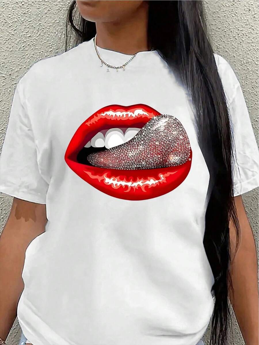 Lightweight And Durable Short-Sleeved T-Shirt With A Striking Red Lip Design, Perfect For Casual Outings At Home Or In A Restaurant, Combining Fashion And Comfort For Everyday Wear. - 白色 - 查看 1