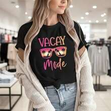 Vacay Mode Women's Graphic Print Cotton T-Shirt, Short Sleeve, Round Neck, Casual Style, Summer Beach Vacation Top, Sizes S-5XL Available, Basic Black T-Shirt With Sunglasses And Palm Tree Design, Soft And Breathable Cotton Fabric, Loose Fit Shirt For Everyday Wear, Essential For Vacation Outfits. - 黑色 - 查看 1