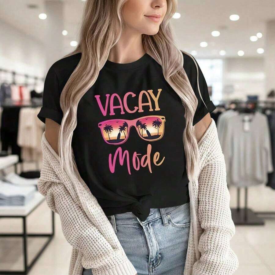 Vacay Mode Women's Graphic Print Cotton T-Shirt, Short Sleeve, Round Neck, Casual Style, Summer Beach Vacation Top, Sizes S-5XL Available, Basic Black T-Shirt With Sunglasses And Palm Tree Design, Soft And Breathable Cotton Fabric, Loose Fit Shirt For Everyday Wear, Essential For Vacation Outfits. - 黑色 - 查看 1