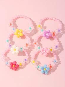 6pcs/Set Cute Flower Beaded Bracelets Set For Girls, Colorful Beads For Holiday Party, School, Daily Wear - Multicolor - View 6