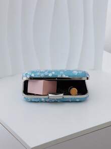 Bolsos de mano y bolsos de noche para mujer, bolso de embrague de cáscara dura con bordado floral y patrón de lentejuelas, tela de satén con cierre de marco de metal, bolso elegante y compacto de estilo vintage para mujeres para bodas, fiestas y eventos formales - Azul - Ver 6