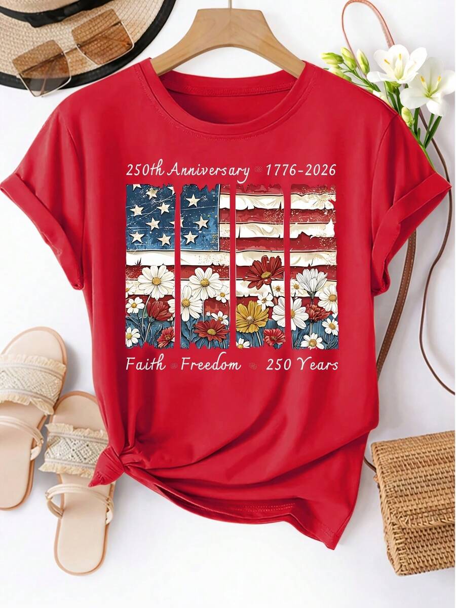 Women's Plus Size Short Sleeve T-Shirt With Round Neck And Casual Fit, Featuring Floral Print Of The American Flag, Machine Washable, Spring/Summer T-Shirt, Fun Design, Comfortable Fit, 250th Anniversary Of The United States T-Shirt. - 紅色 - 查看 1