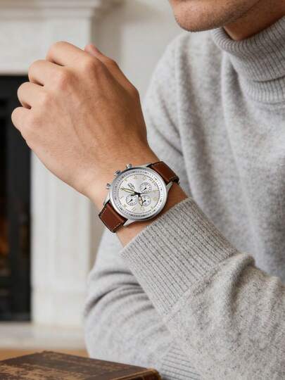 Fossil Reloj cronógrafo para hombre FS5809, caja de acero inoxidable plateado, correa de cuero marrón, esfera blanca con números de estilo piloto, reloj de pulsera de cuarzo, viene con caja original, regalo ideal para hombres
