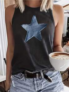[Printed Pants - Not Denim Fabric]Star Denim Print Design Top Women'S Regular Vest - Fun Cartoon Letter Pattern Print, Round Neck Casual - Machine Washable, Fashionable Women'S Wear - Multicolor - View 4