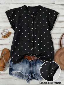 Blusa de mujer con cuello redondo, sin mangas, abotonada, con volantes y estampado de lunares vintage francés, versátil para ir al trabajo, tomar el té por la tarde o uso diario - Negro - Ver 6