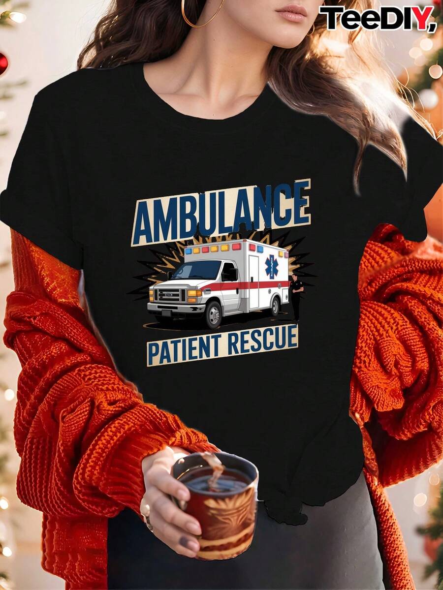 Una camiseta de mujer de manga corta, holgada, moderna, elegante, retro y con estilo, adecuada para actividades al aire libre en primavera y verano, camiseta de mujer con diseño de rescate de pacientes de ambulancia - ropa de técnico médico de emergencia/EMT, de manga corta informal, con diseño de ambulancia y estrella de la vida, ajuste cómodo, adecuada para personal de emergencia, EMS, uso casual, camiseta informal para todas las estaciones, diseño geométrico, corte regular.blusas para mujer,blusas casuales para dama,tops,, mujer premium,y2k,playeras de mujer curvy,ofertas y liquidaciones ropa mujer,playeras deportivas para mujer,,playeras de hombre, mujer,blusas>elegante E3PP - Negro - Ver 1
