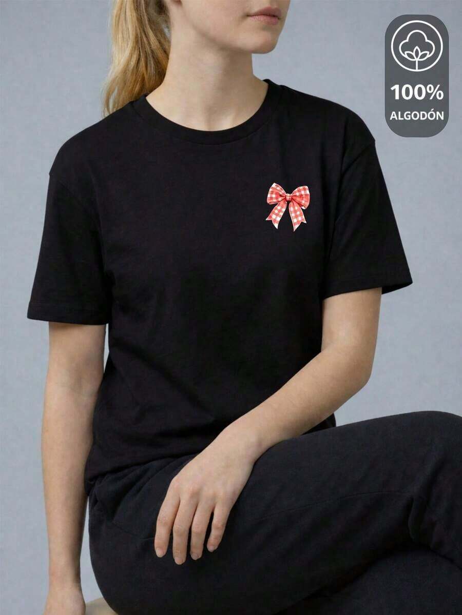 Women's Soft Printed T-Shirt "100% COTTON" - "MINI CHECKED BOW EDITION" KING SHENDY VENDY STORES Pattern - Black - View 1