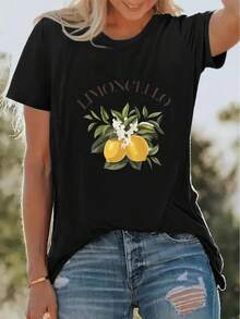 Suave camiseta nueva de verano con estampado de limones, estilo básico casual de cuello redondo, camiseta de manga corta para vacaciones de primavera/verano, mezcla elástica, ropa deportiva para mujer, ropa nueva para mujer, lavable a máquina, blusas elegantes para mujer. - Negro - Ver 1