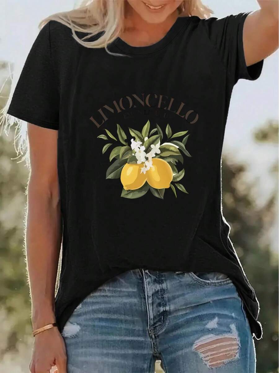 Suave camiseta nueva de verano con estampado de limones, estilo básico casual de cuello redondo, camiseta de manga corta para vacaciones de primavera/verano, mezcla elástica, ropa deportiva para mujer, ropa nueva para mujer, lavable a máquina, blusas elegantes para mujer. - Negro - Ver 1