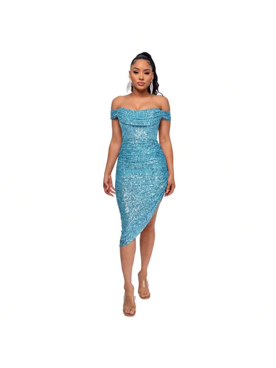 Women's Champagne-Colored Sequined Dress, Off-Shoulder Draped Design, Asymmetrical Side Slit, Stretchy Shiny Fabric Ideal For Summer Parties, Weddings As A Guest And Elegant Outdoor Dinners, Sexy Glamorous Style Perfect For Celebrations And Formal Events - 天藍色 - 查看 1