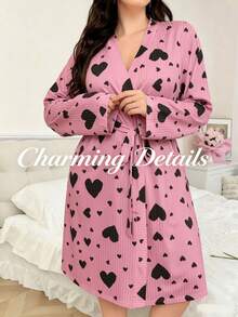Women's Plus Size Long Sleeve Pink Heart Pattern Bathrobe With Belt, Ribbed Texture Loose Fit Morning Robe, Mid-Length Suitable For Summer, Spring And Autumn, For Bathroom, Gym, Hotel, Beach Vacation, Daily Essentials, Home And Travel, Holiday Gift - Multicolor - View 4