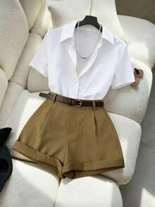 Conjunto de camisa de manga corta con cuello y pantalones cortos de pierna ancha de moda casual para mujer, adecuado para ir al trabajo, vacaciones y viajes en primavera/verano - Negro - Ver 5