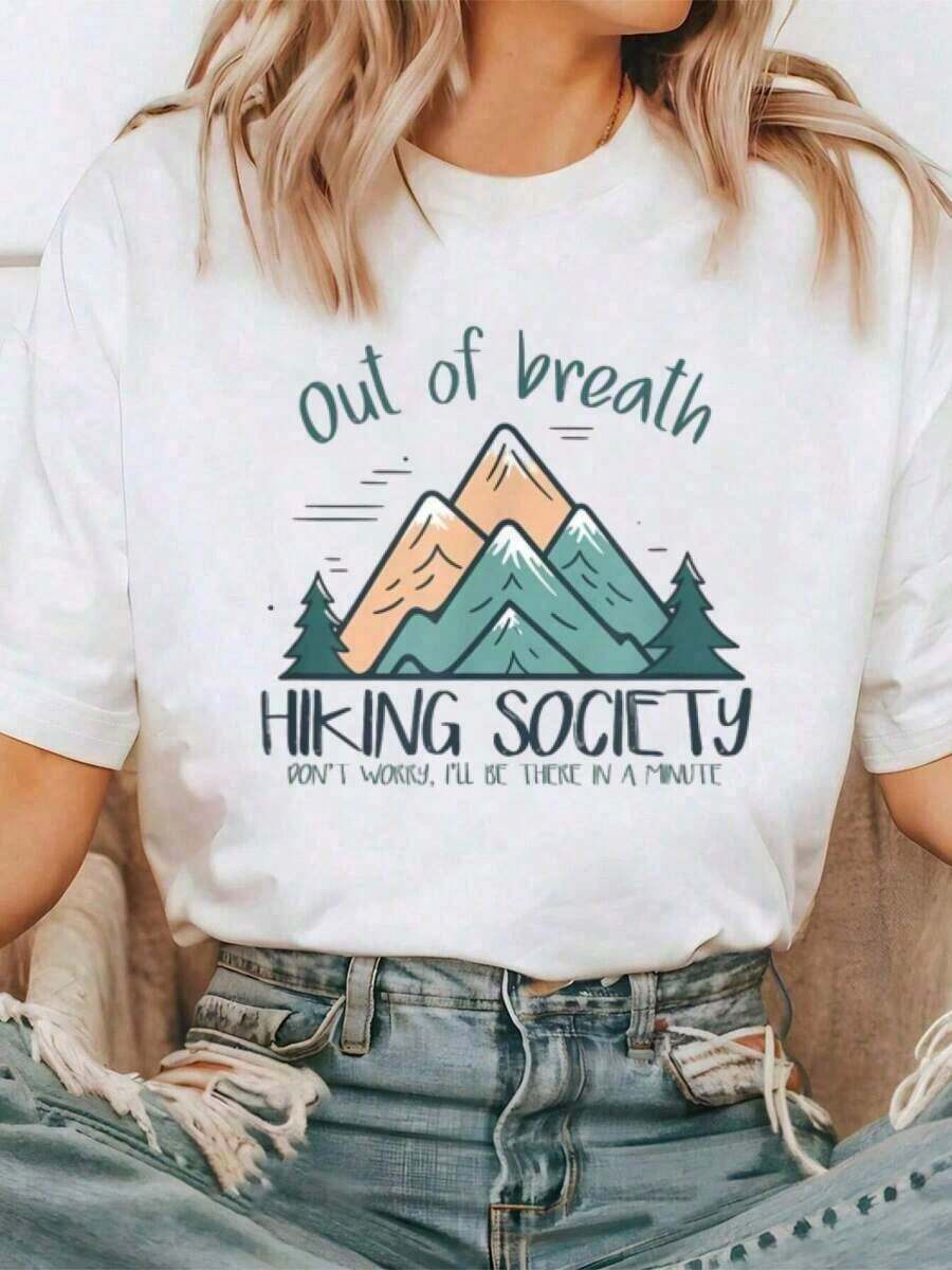 1 Piece "Out Of Breath Hiking Society" Hiking T-Shirt For Men And Women, Short Sleeve, Round Neck, Casual Top For Summer And Spring, Women's Clothing, 180g 100% Cotton. - 白色 - 查看 1