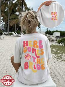 [Double-Sided Print] Women's Casual Summer Loose Fit T-Shirt, Vintage Disco Ball Ring Print "HERE COMES THE BRIDE", Round Neck, Short Length, Drop Shoulder, Pure Cotton Oversized T-Shirt, Elegant Party Outfit, T-Shirt For Elegant Ladies, Blouses Suitable For Curvy Women, Prom Skirts, Casual Wear - 白色 - 查看 7