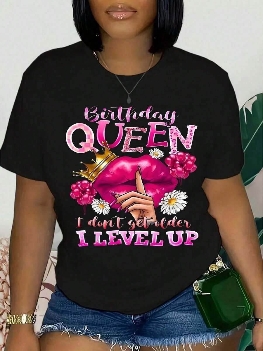 Camiseta con Estampado de Labios, Manga Corta, Cuello Redondo, Top Casual, Verano y Primavera, Ropa de Mujer, playeras de mujer - Negro - Ver 1