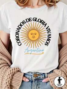 Camiseta Gráfica de la Selección Nacional de Argentina para Mujer - Mezcla Suave y Transpirable, Manga Corta Ligera con Cuello Redondo y Estampado de Sol y Bandera, Camiseta Casual Unisex para Fanáticos del Fútbol, Ropa para Primavera, Verano y Otoño, Lavable a Máquina, Corte Regular, Ropa para Pascua para Mujer, Conjuntos de Regalo para el Día de la Madre, Ropa para la Copa del Mundo, Ropa para Fiesta de Fútbol, Ropa para el Día del Partido, Camiseta Oversized Unisex de Fútbol de EE. UU., Conjuntos de Verano para Mujer. playeras de mujer - Blanco - Ver 2
