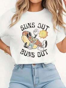 "Suns Out Buns Out Cute Hot Dog BBQ Fourth Of July" Retro Print T-Shirt, Casual Round Neck Short Sleeve T-Shirt, Comfortable, For Spring And Summer, Women's Clothing. - 白色 - 查看 6
