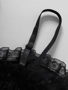女士夏季性感撞色蕾丝仿珍珠装饰荷叶边吊带背心 - 黑色 - 查看 6