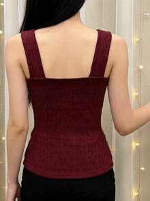 Women's Knit Camisole Elegant Lace Trim Sleeveless Square Neck Slim Fit Ribbed Tank Tops For Party Daily Wear - Red - View 4